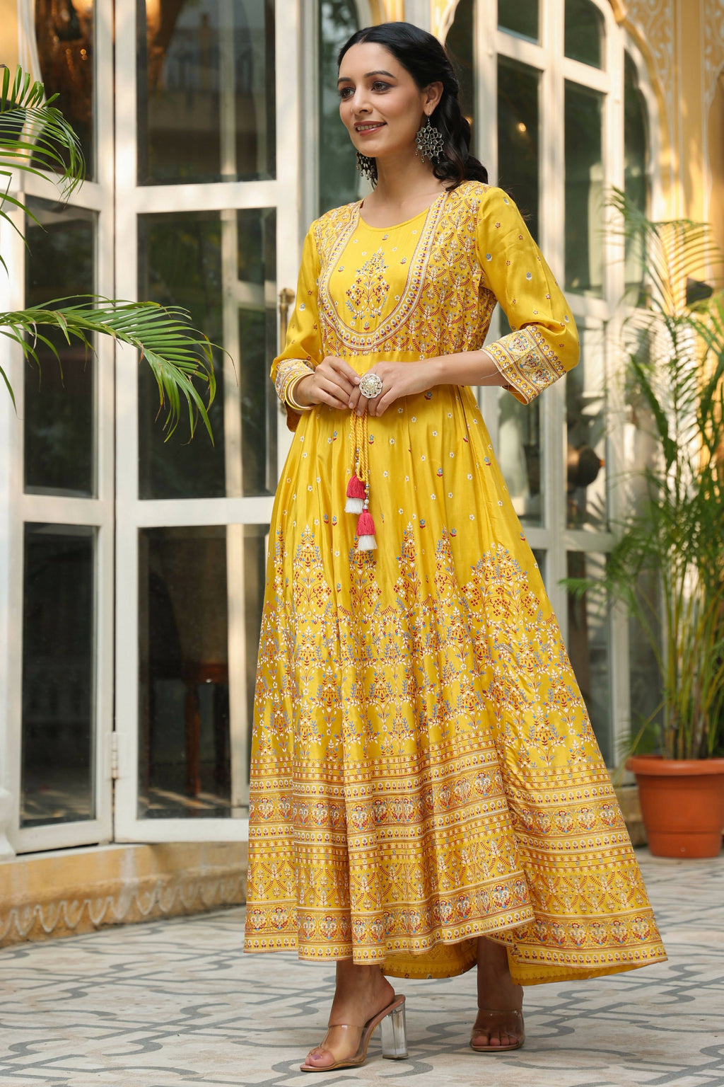 Juniper Women's Mustard Viscose Shantoon Festive Printed Flared Dress
