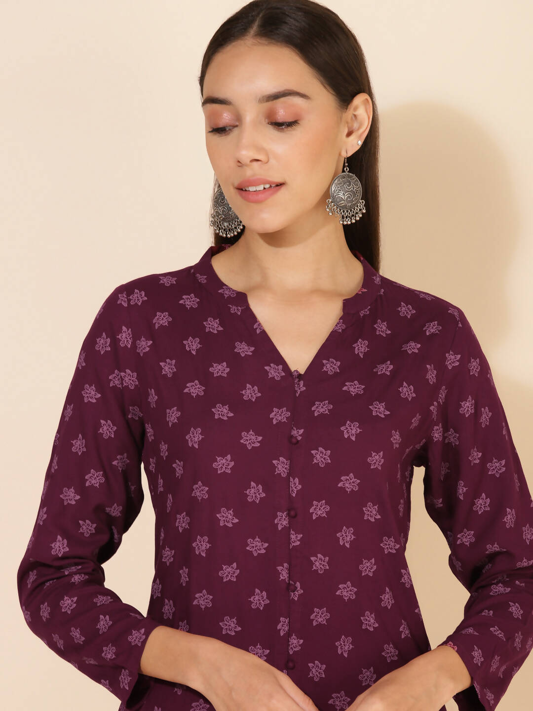 Janasya Women's Wine Rayon Floral Printed Casual Straight Co-ords