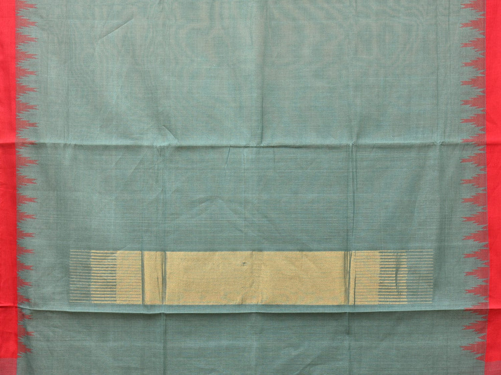 Sea Blue Khadi Cotton Handloom Plain Saree with Temple Border Design - Global Threads