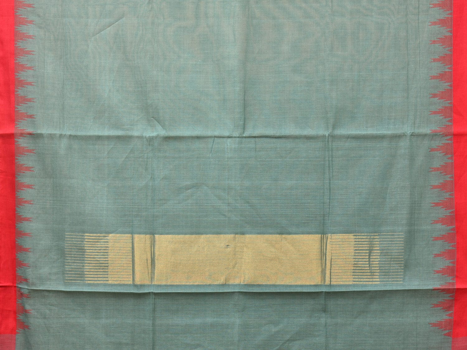 Sea Blue Khadi Cotton Handloom Plain Saree with Temple Border Design - Global Threads