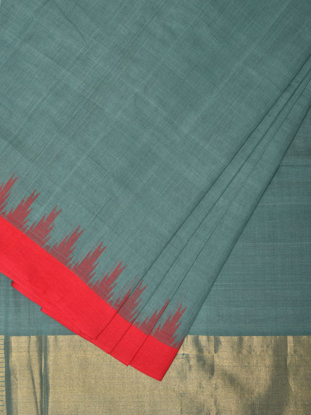 Sea Blue Khadi Cotton Handloom Plain Saree with Temple Border Design - Global Threads