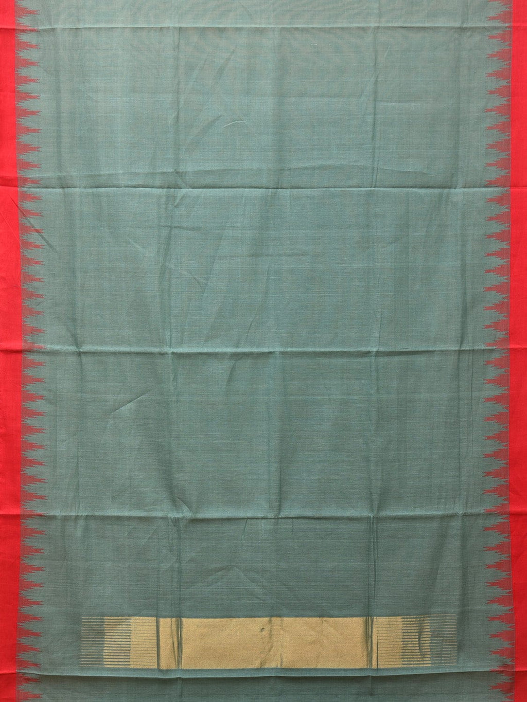 Sea Blue Khadi Cotton Handloom Plain Saree with Temple Border Design - Global Threads