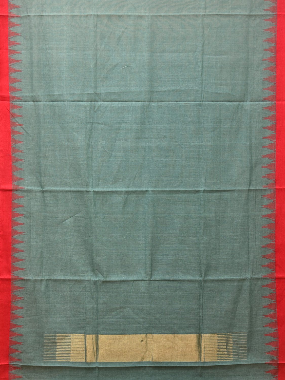 Sea Blue Khadi Cotton Handloom Plain Saree with Temple Border Design - Global Threads
