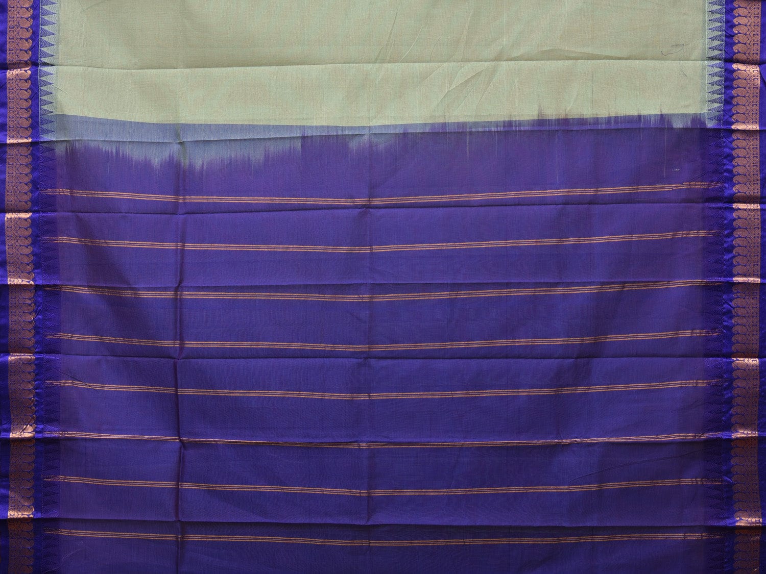 Sea Green and Dark Blue Gadwal Cotton Plain Saree with Small Border Design No Blouse - Global Threads