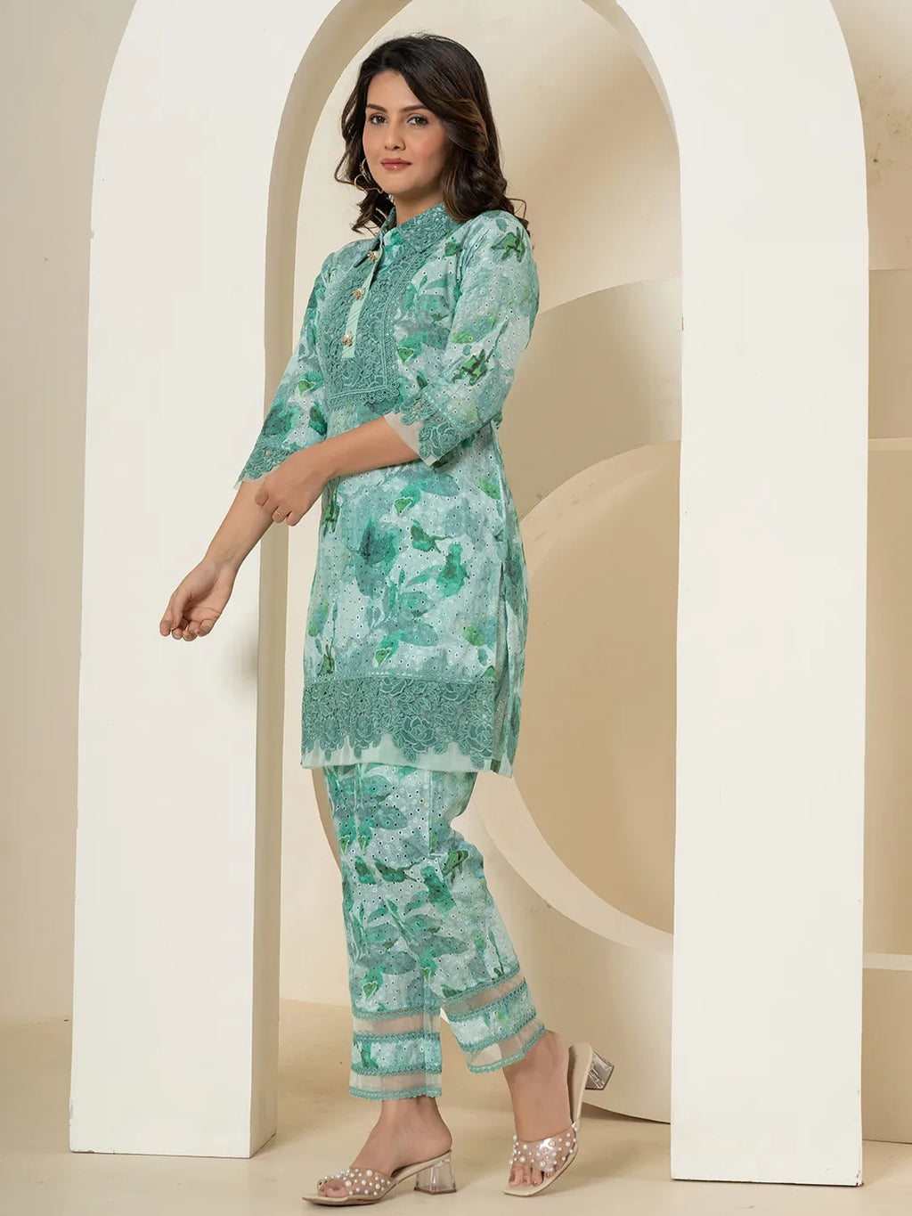 Yufta Sea Green Cotton Schiffli Co-Ord Set With Lace Detailing