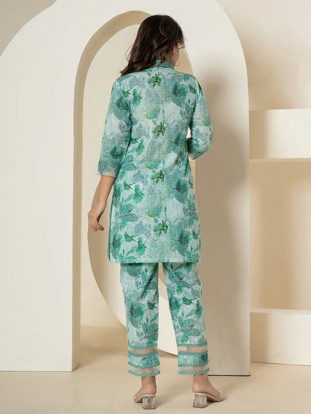 Yufta Sea Green Cotton Schiffli Co-Ord Set With Lace Detailing
