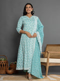 Yufta Sea Green Cotton Silk Embroidered Anarkali Kurta Dupatta Set