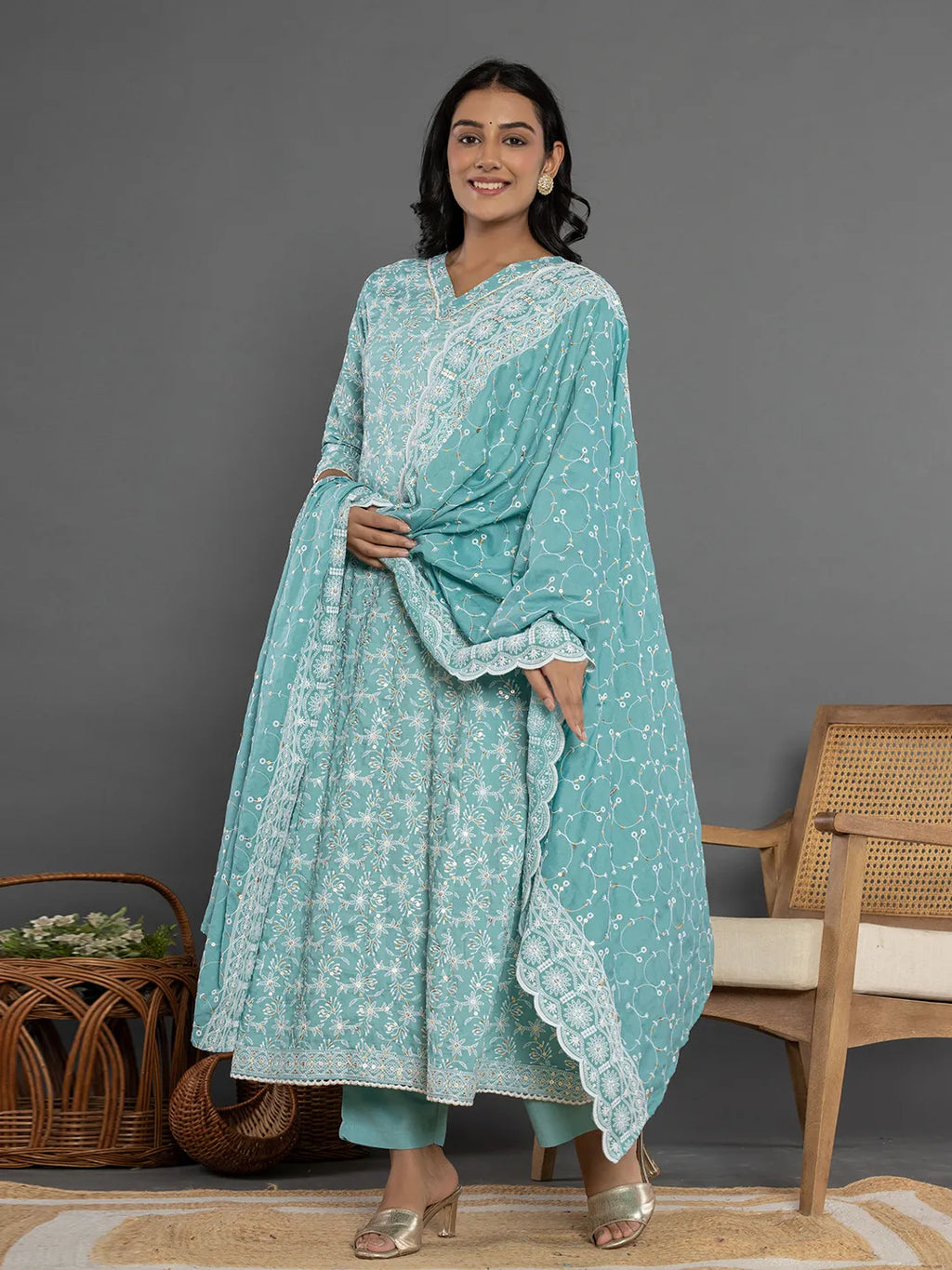 Yufta Sea Green Cotton Silk Embroidered Anarkali Kurta Dupatta Set