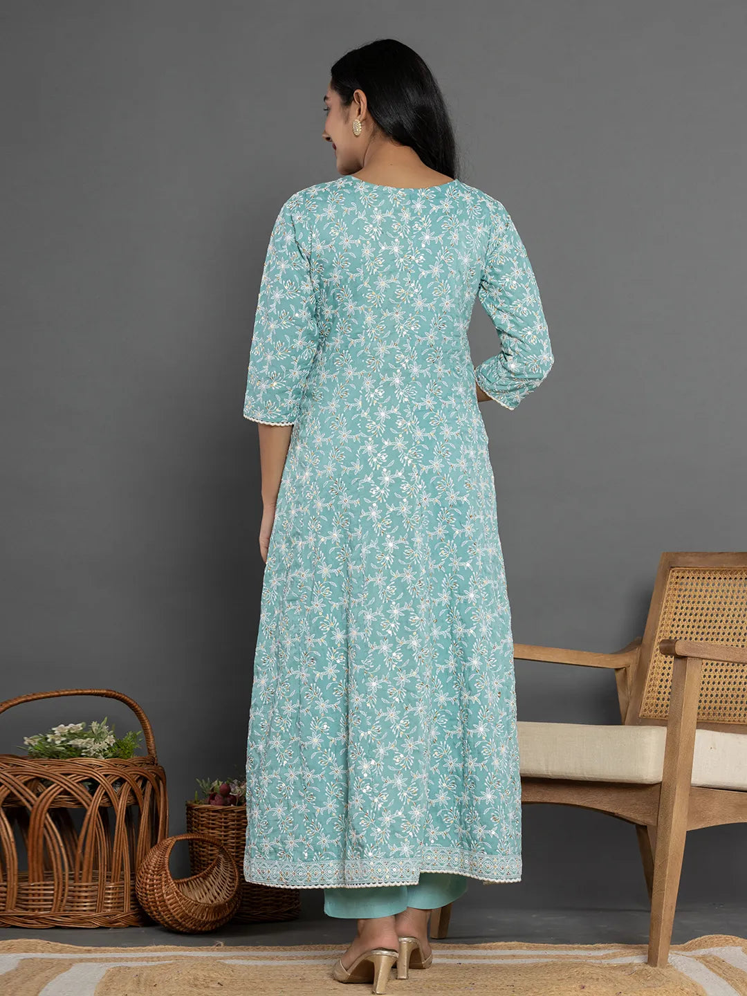 Yufta Sea Green Cotton Silk Embroidered Anarkali Kurta Dupatta Set