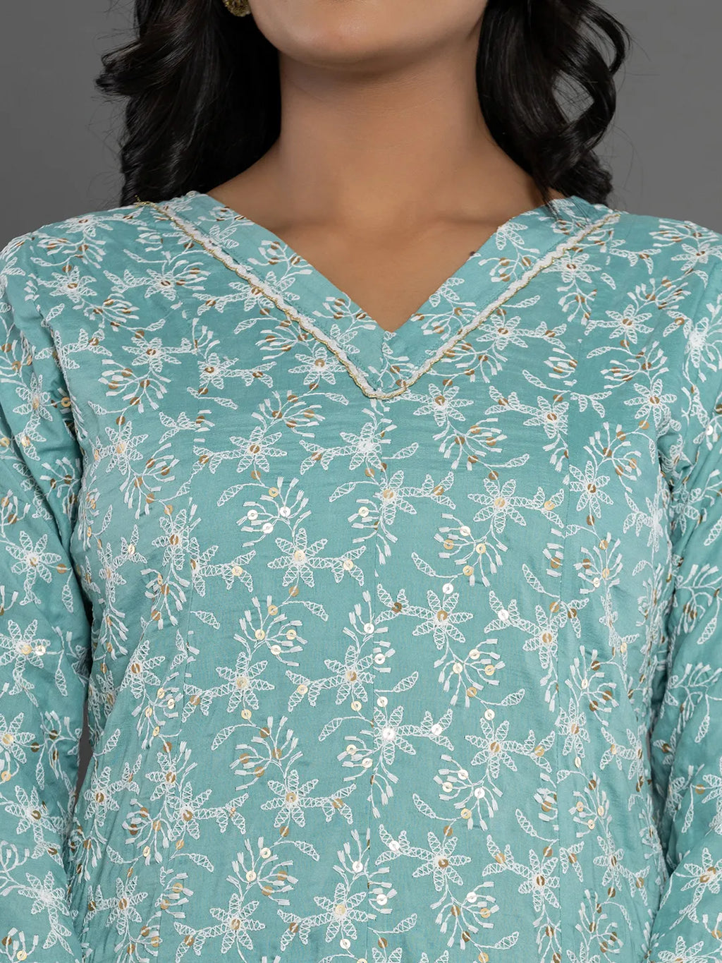 Yufta Sea Green Cotton Silk Embroidered Anarkali Kurta Dupatta Set