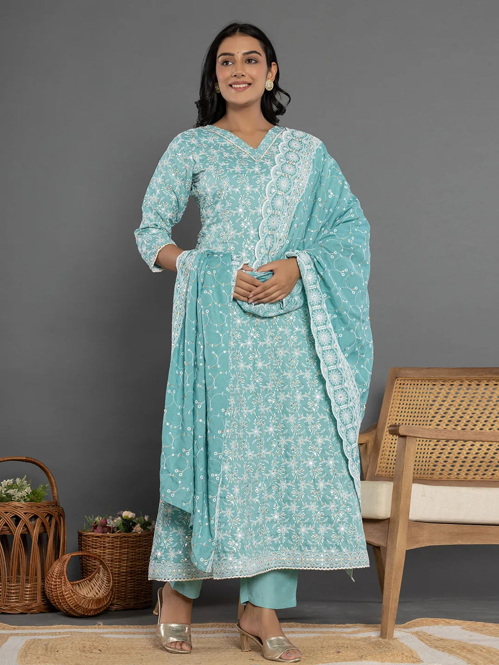 Yufta Sea Green Cotton Silk Embroidered Anarkali Kurta Dupatta Set