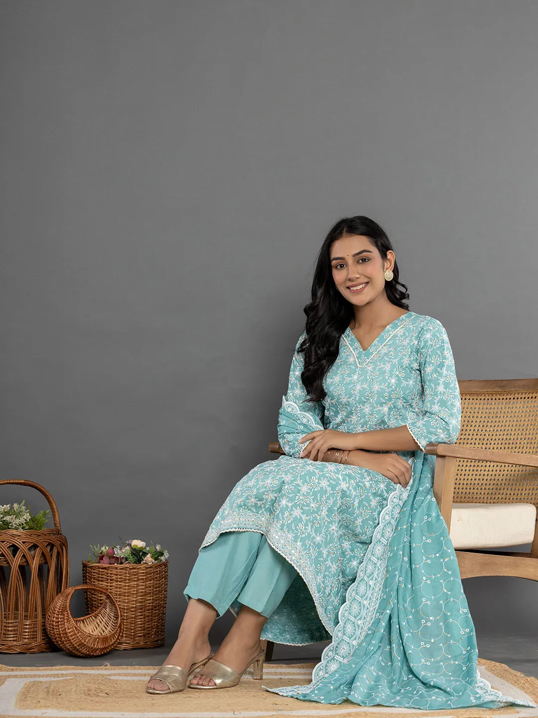 Yufta Sea Green Cotton Silk Embroidered Anarkali Kurta Dupatta Set