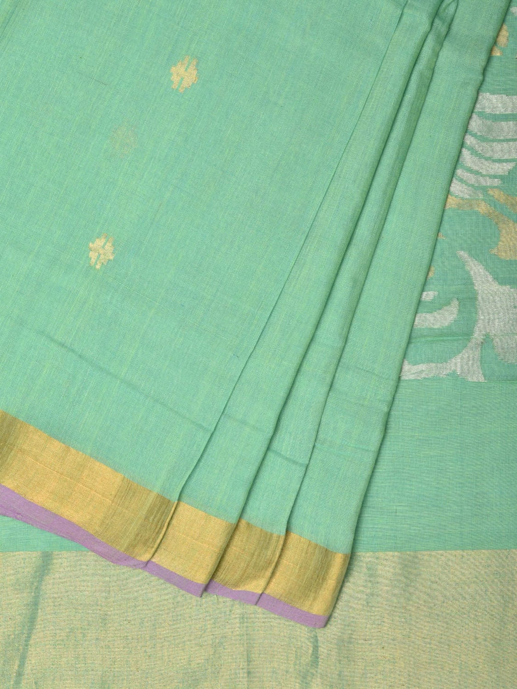 Sea Green Khadi Cotton Handloom Saree with Birds Pallu Design - Global Threads