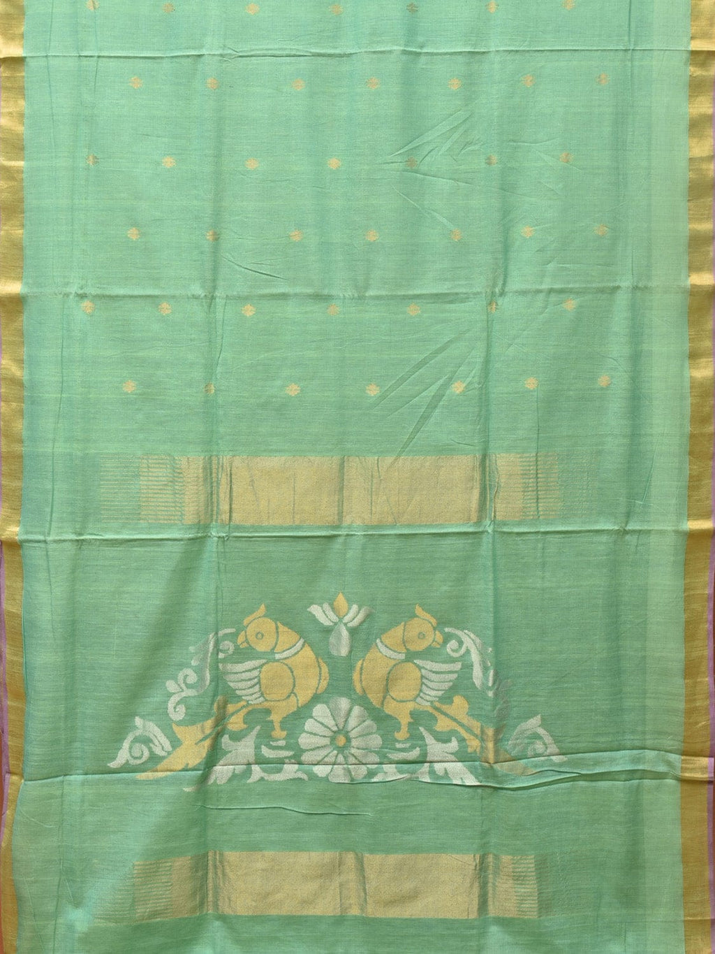 Sea Green Khadi Cotton Handloom Saree with Birds Pallu Design - Global Threads