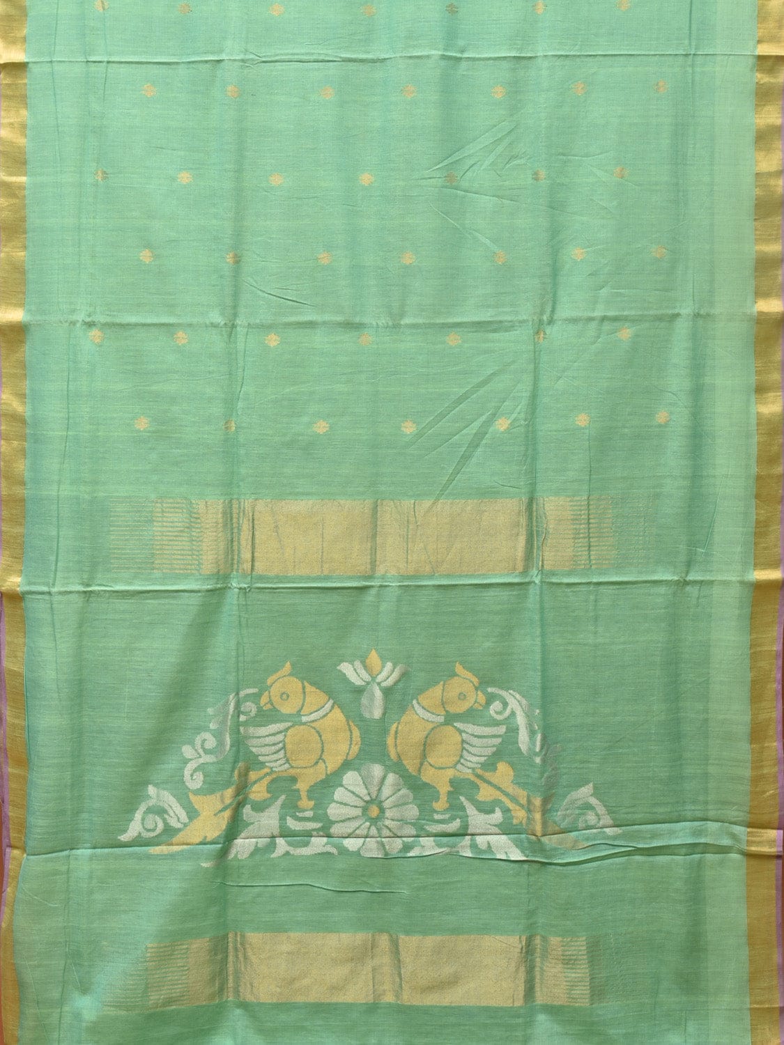 Sea Green Khadi Cotton Handloom Saree with Birds Pallu Design - Global Threads