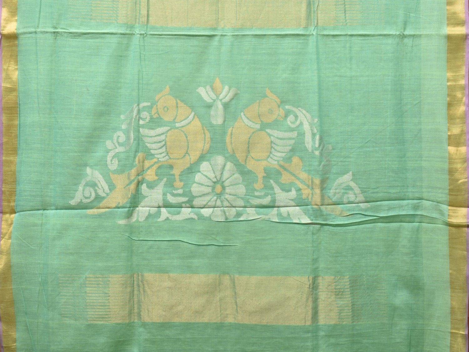 Sea Green Khadi Cotton Handloom Saree with Birds Pallu Design - Global Threads