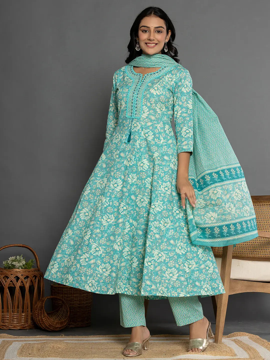 Yufta Sea Green Mirror_Work Cotton Anarkali Kurta Duppta Set