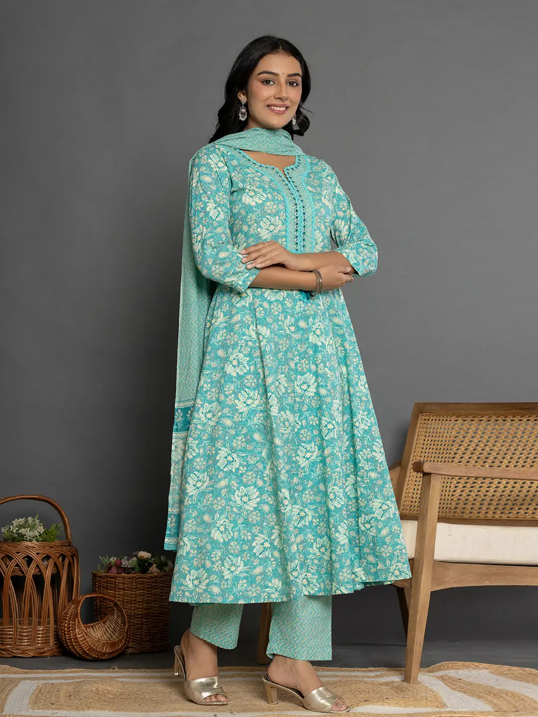 Yufta Sea Green Mirror_Work Cotton Anarkali Kurta Duppta Set