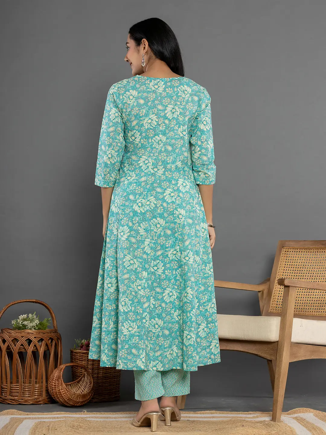 Yufta Sea Green Mirror_Work Cotton Anarkali Kurta Duppta Set