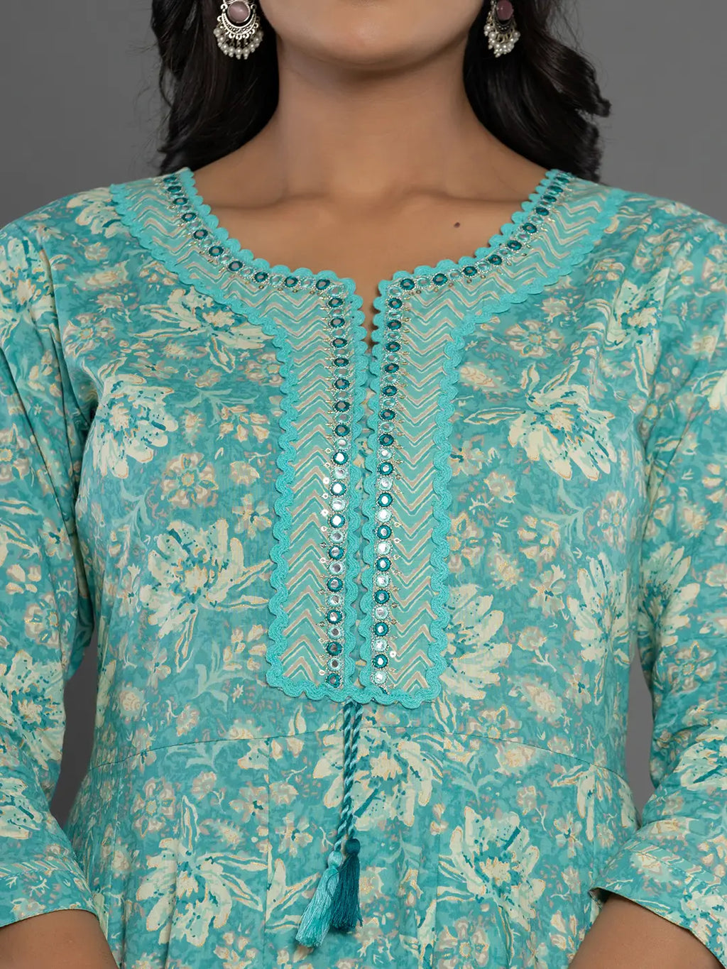 Yufta Sea Green Mirror_Work Cotton Anarkali Kurta Duppta Set