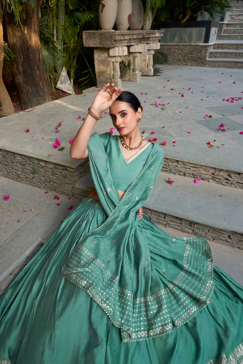 Evanik Women Pure Chanderi Plain With Zari Weaving Work Border Stitched Lehenga With Unstitched Blouse Dupatta(Up to 42)