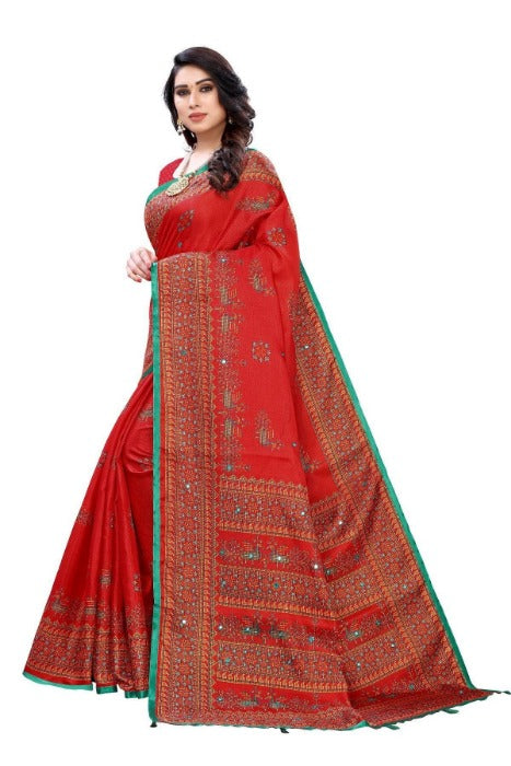Vamika Red Mirror Work With Jhalar Khadi Silk Saree (AASHI RED)