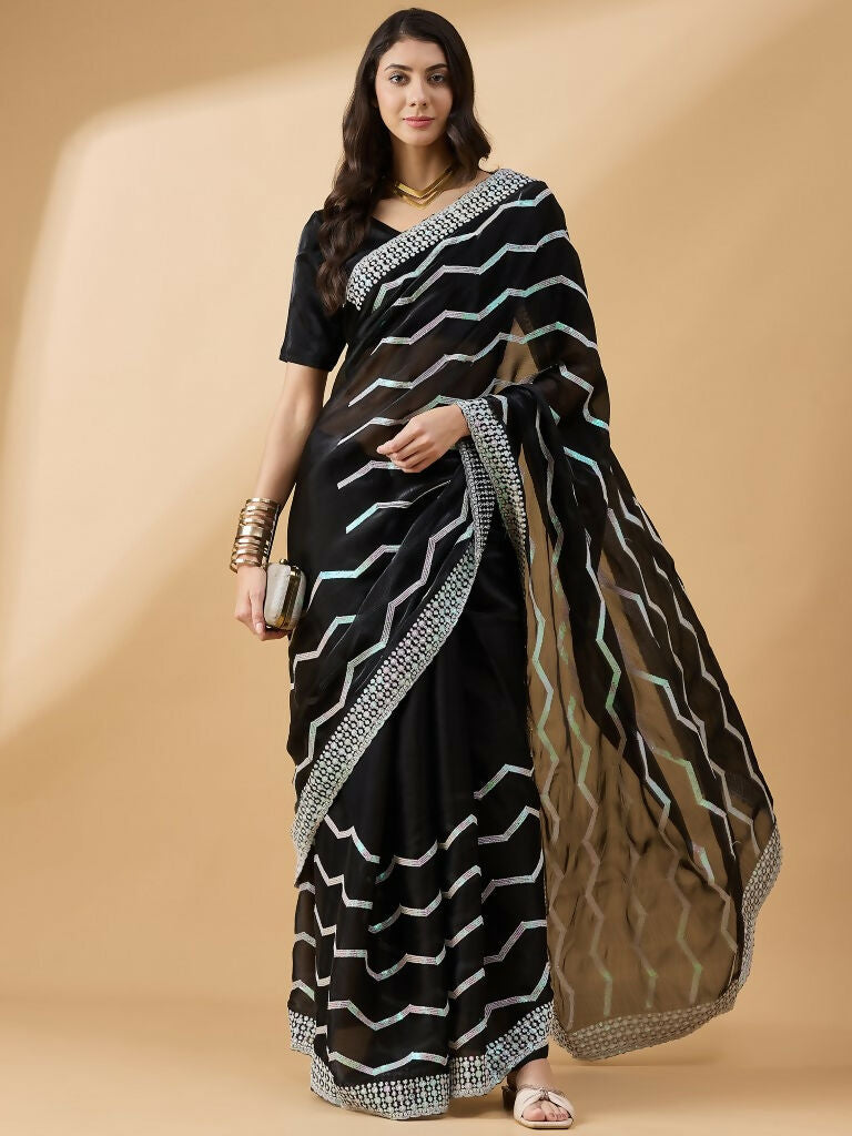 Black Tissue Slub Embroidered Saree with Unstitched Blouse - Vairagi