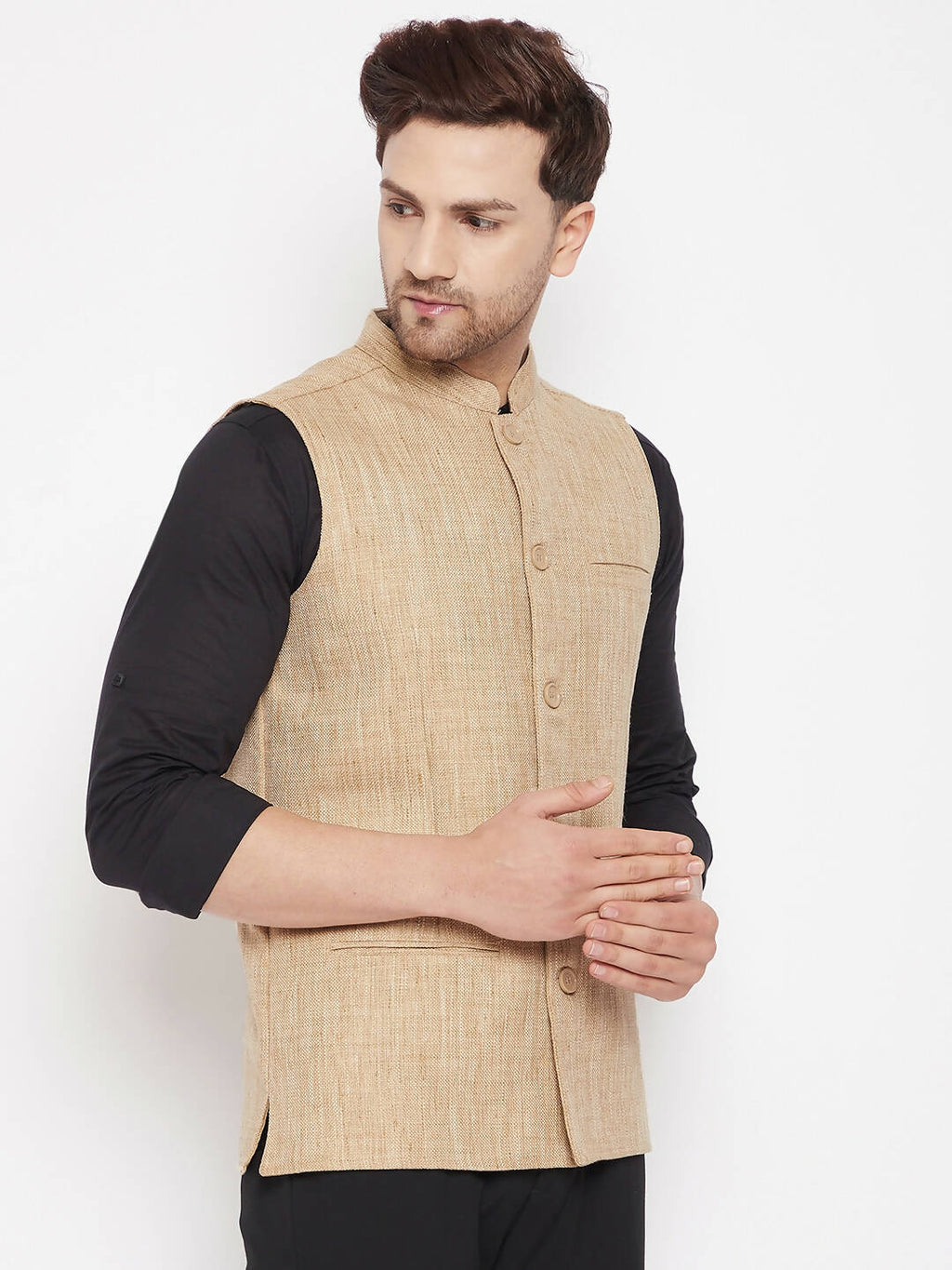 Even Apparels Beige Linen Men Woven Nehru Jacket LN719
