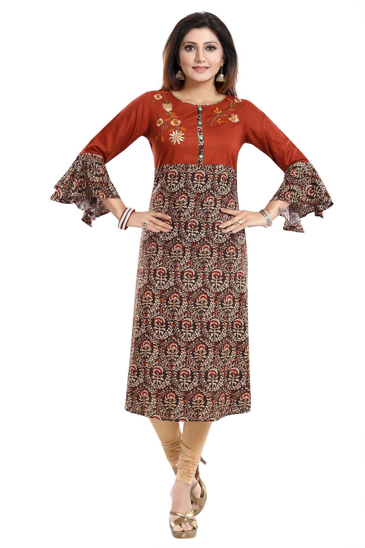 Snehal Creations Rust Rayon Printed Flared Long Tunic