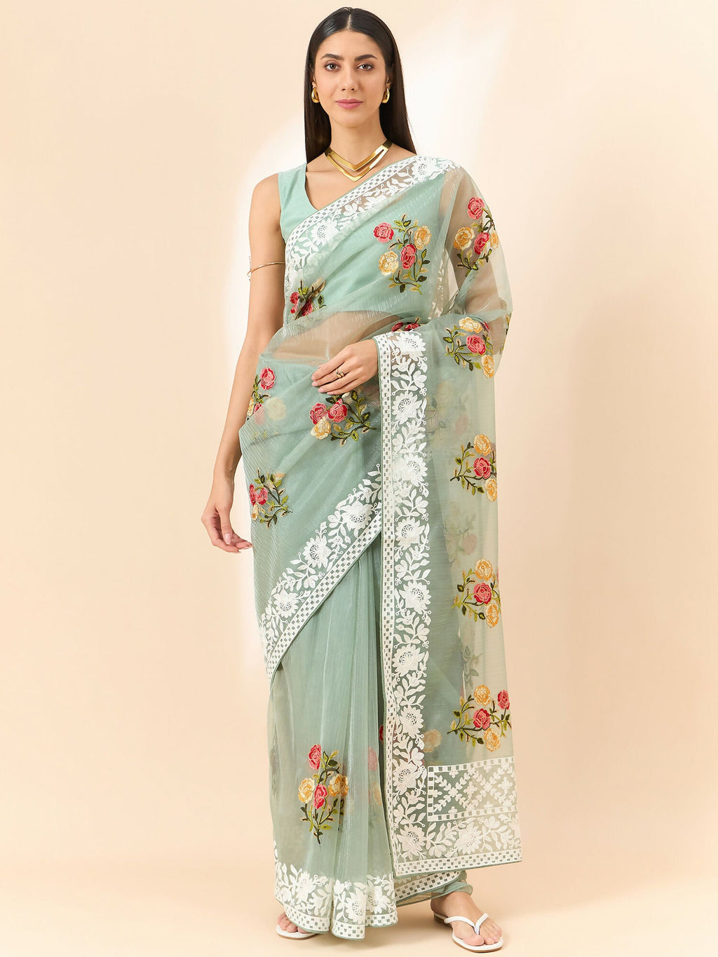 Green Organza Floral Embroidered Saree with Unstitched Blouse Piece - Roozal