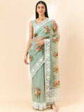 Green Organza Floral Embroidered Saree with Unstitched Blouse Piece - Roozal