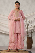 Juniper Women Peach Embroidered Kurta, Pants and Dupatta Set