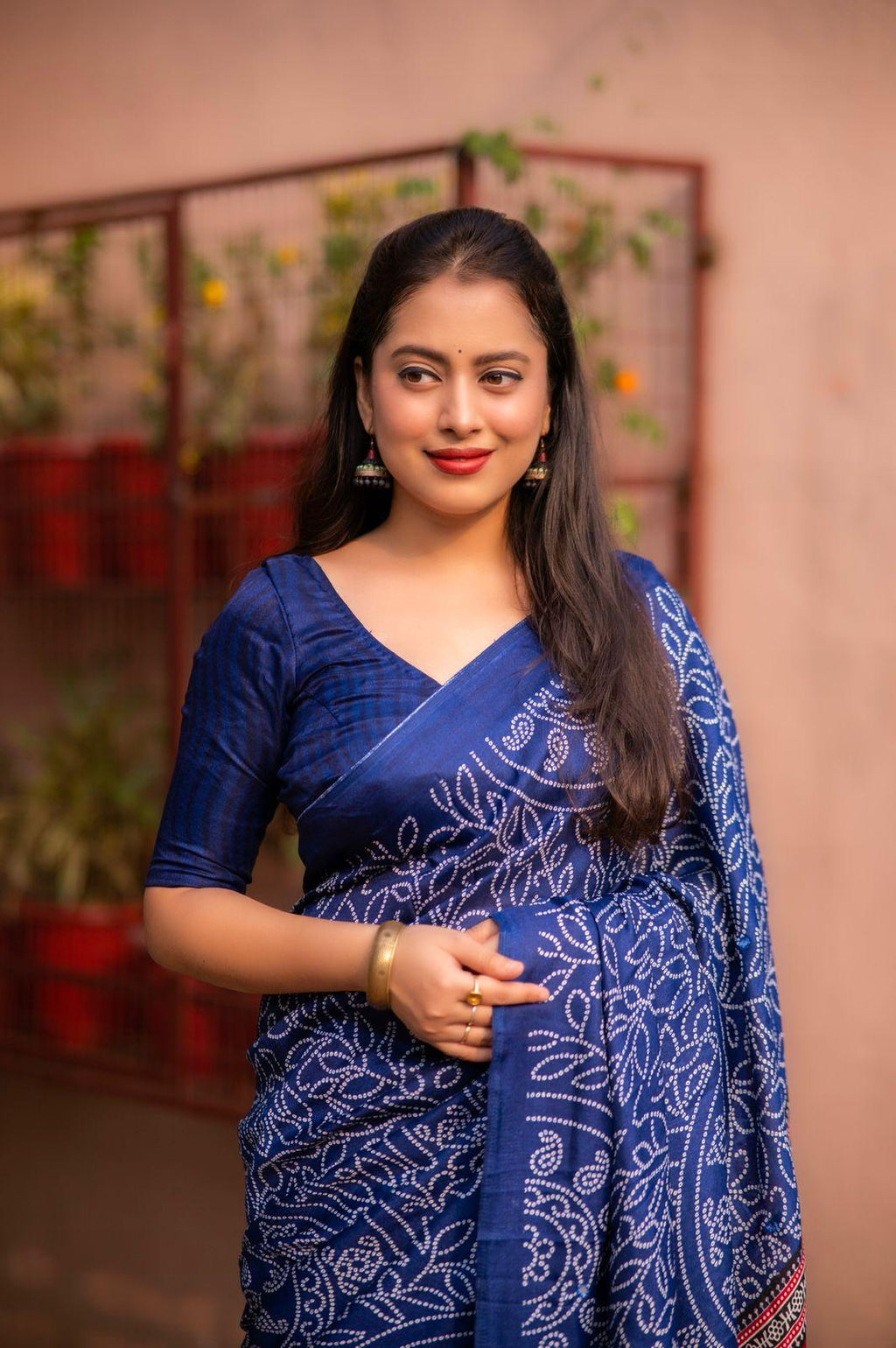 Blue Silk Blend Ajrak Saree with Unstitched Blouse - Hiral Fashion