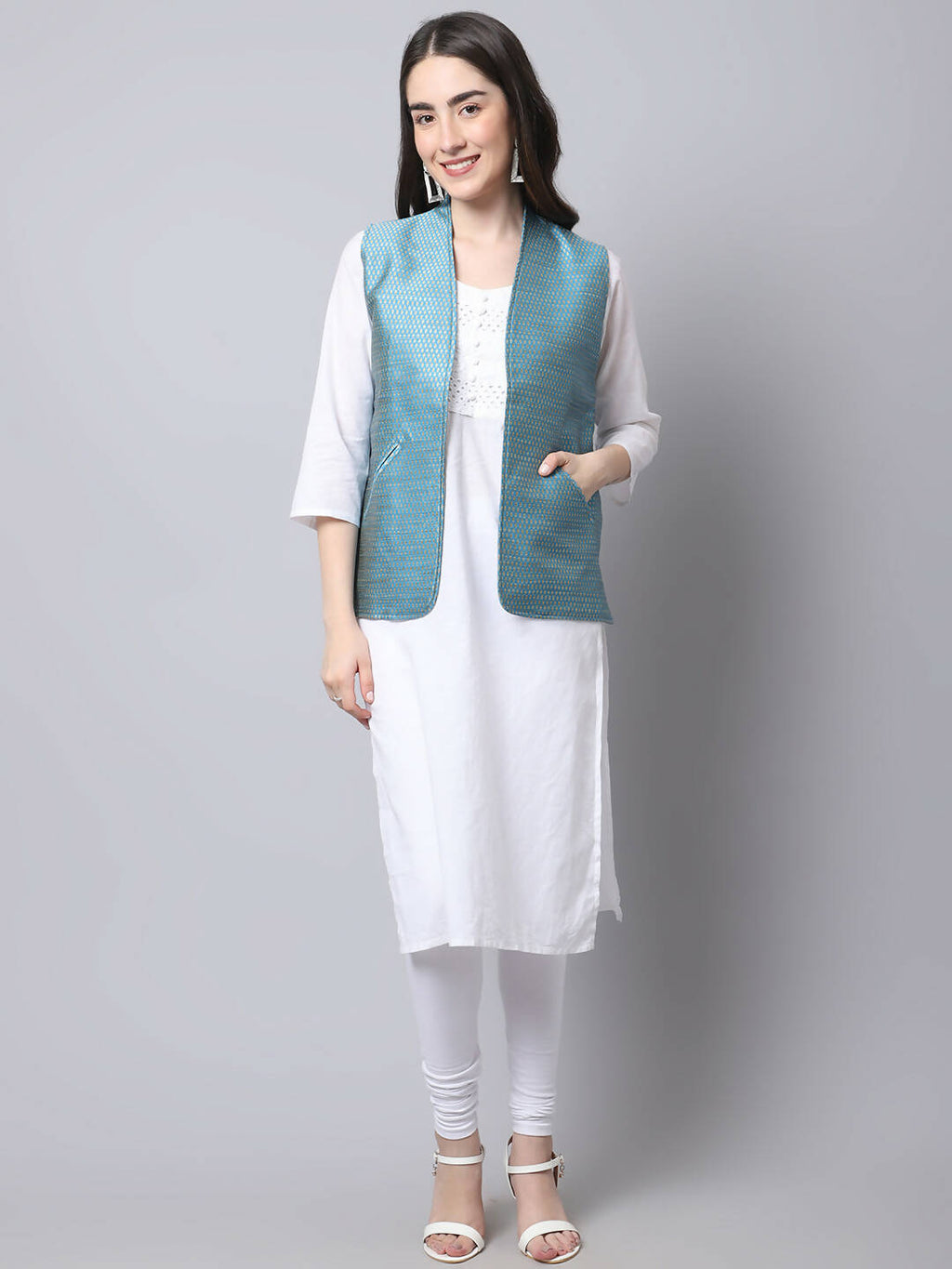 Even Apparels Blue Bansari Silk Open Front Gillet