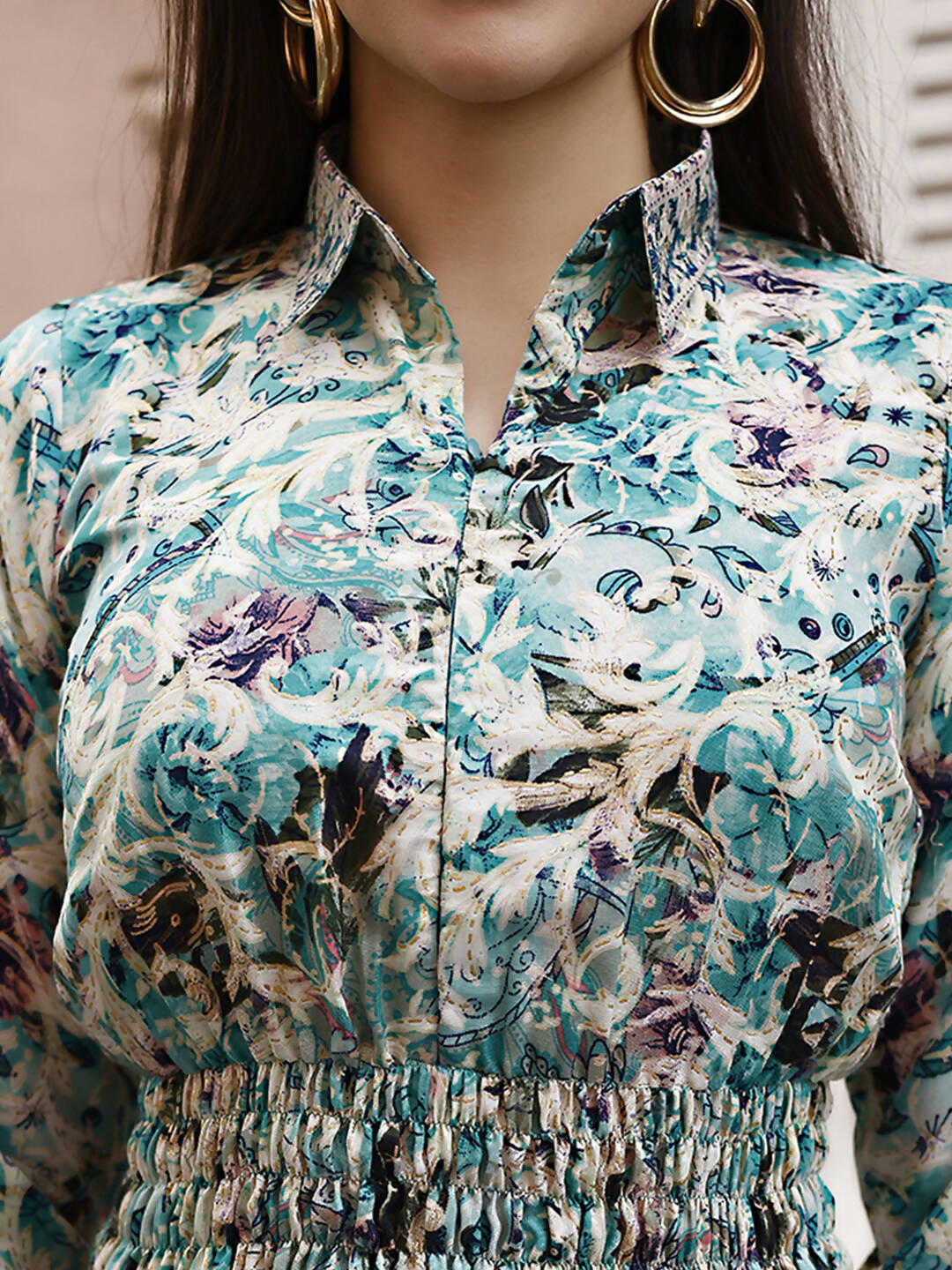Sea Green Rayon Floral Printed Top with Matching Bottom - Eesha