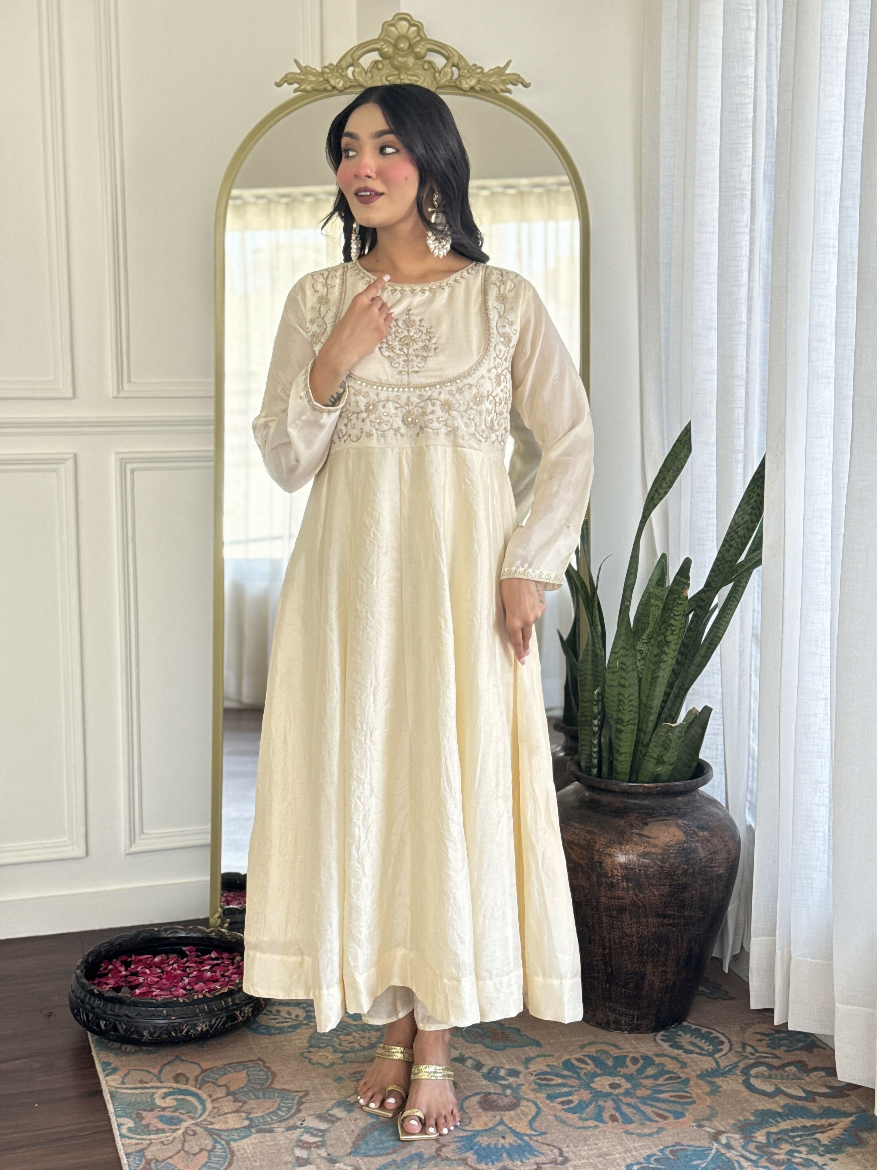 The52 CreamWomen's Gorgeous Embroidered Vichitra Silk Fabric Flared Kurta Pant with Dupatta Set