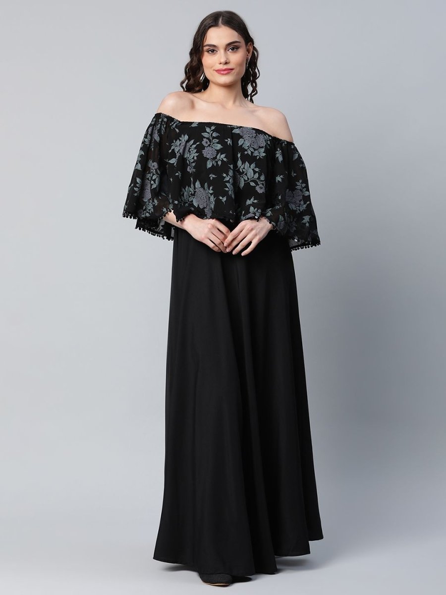 Ahalyaa Women Crepe Printed Black Dress