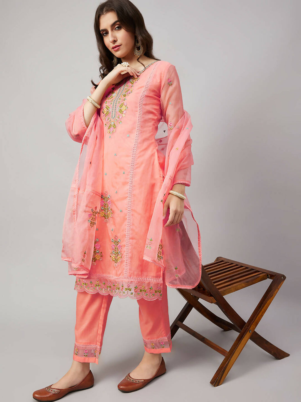 Peach Organza Embroidered Kurta with Bottom & Dupatta - Salimar