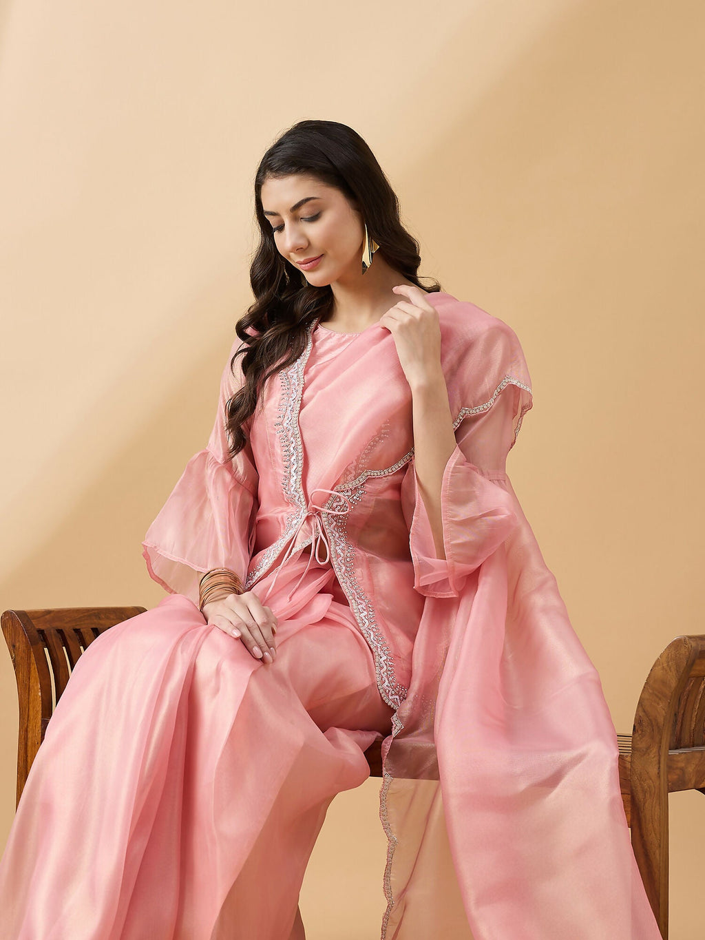 Peach Chiffon Solid Saree with Stitched Blouse & Stone Work Shrug - Dharavi