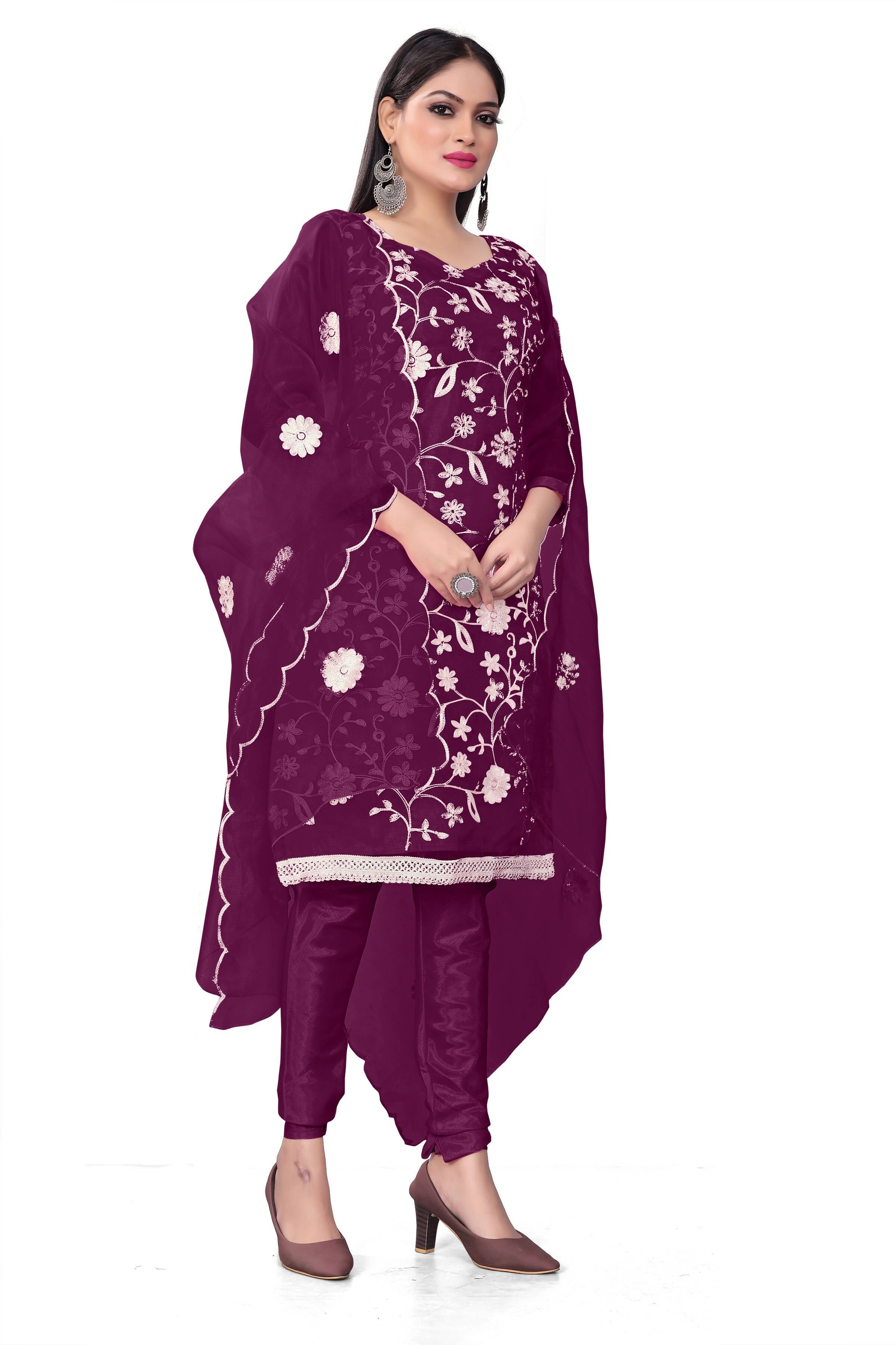 Purple Organza Silk Embroidered Work Unstitched Dress Material - Tanvi