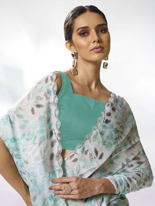 Sea Green Satin Georgette Designer Printed Saree - Shezlin