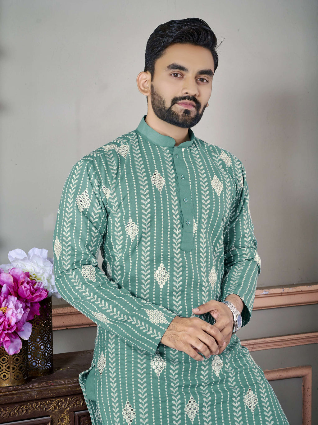 Rama Green Wedding Wear Designer Mens Kurta with Pyjamas by Infinity Export