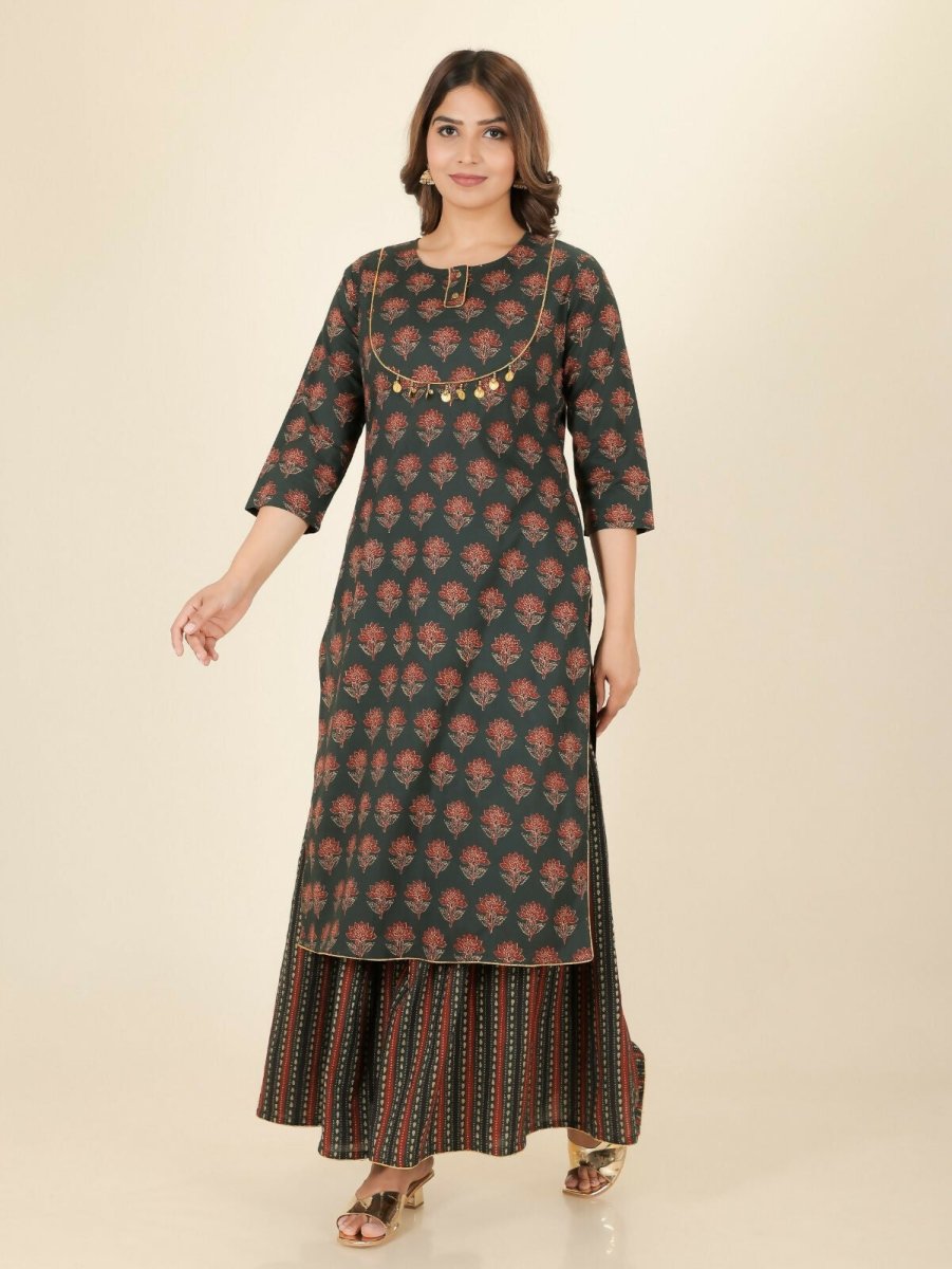 Aramya Straight Soft Cotton Ajrakh Print Women's Kurta - Green