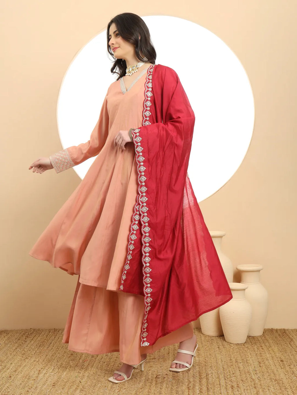 Yufta Silk Peach Anarkali Kurta Dupatta Palazzo Set