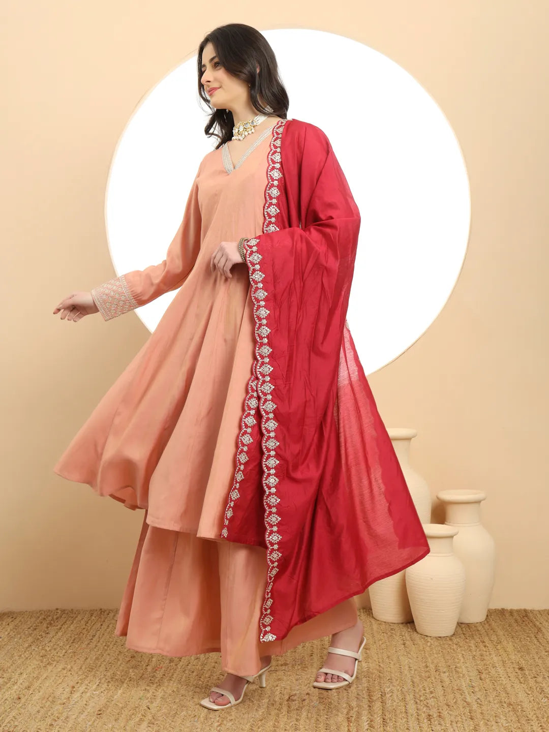Yufta Silk Peach Anarkali Kurta Dupatta Palazzo Set