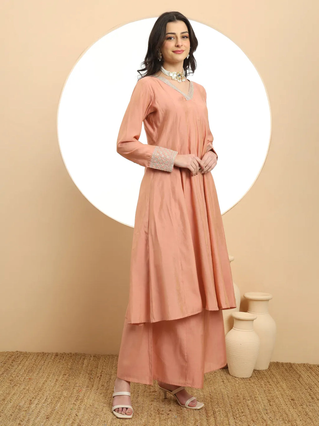 Yufta Silk Peach Anarkali Kurta Dupatta Palazzo Set