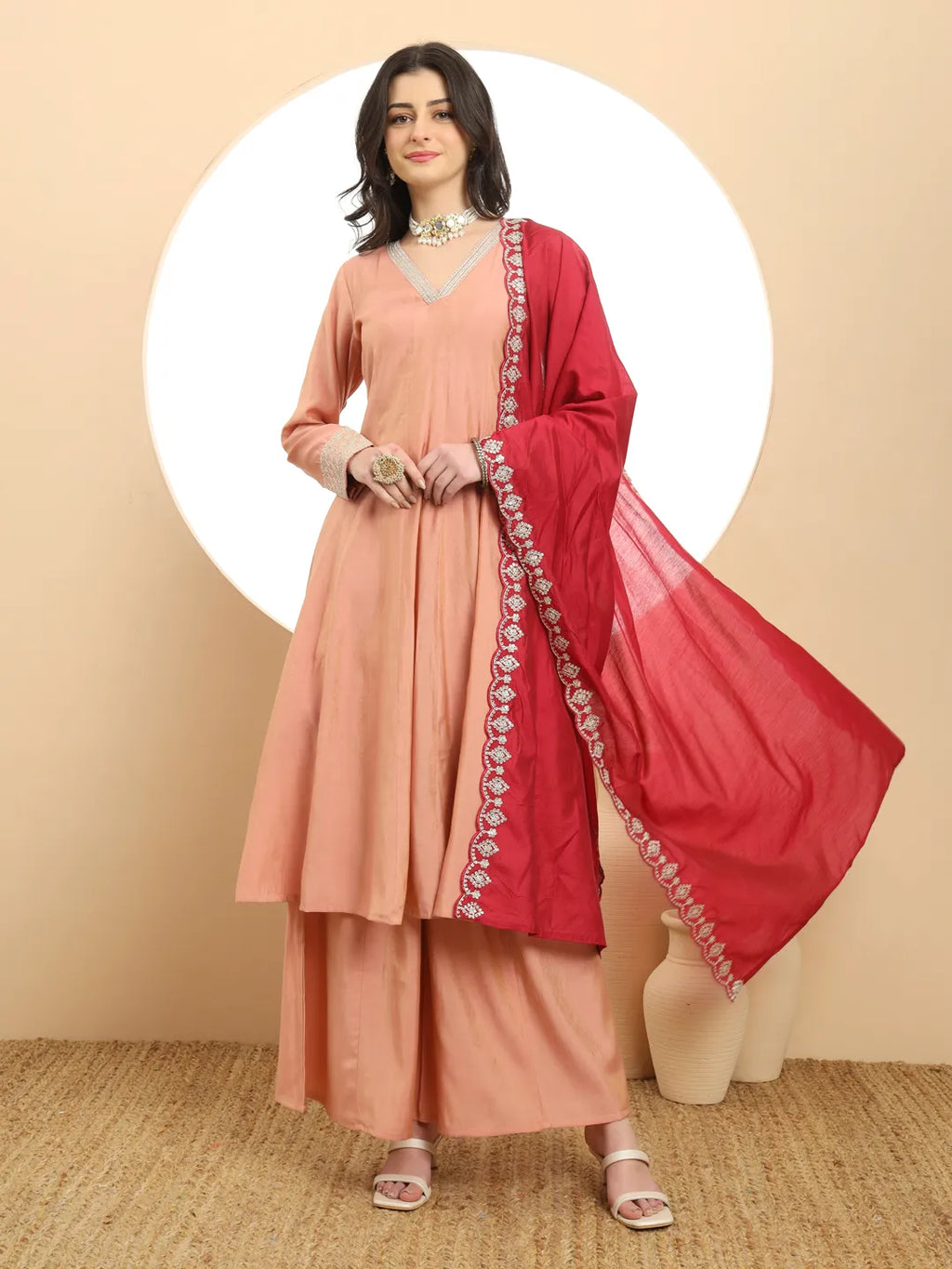 Yufta Silk Peach Anarkali Kurta Dupatta Palazzo Set