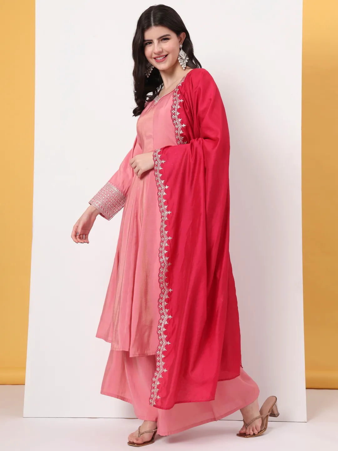 Yufta Silk Pink A Line Kurta Dupatta Palazzo Set