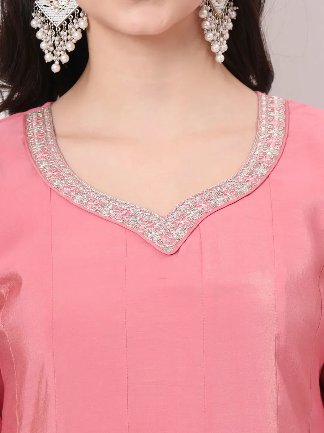 Yufta Silk Pink A Line Kurta Dupatta Palazzo Set