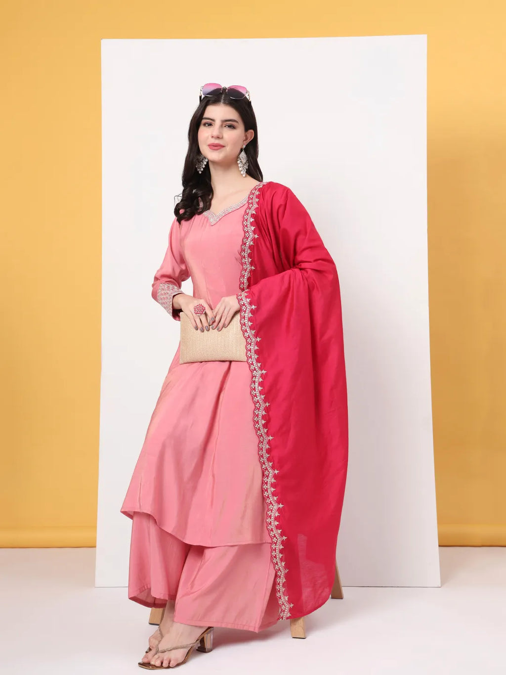 Yufta Silk Pink A Line Kurta Dupatta Palazzo Set